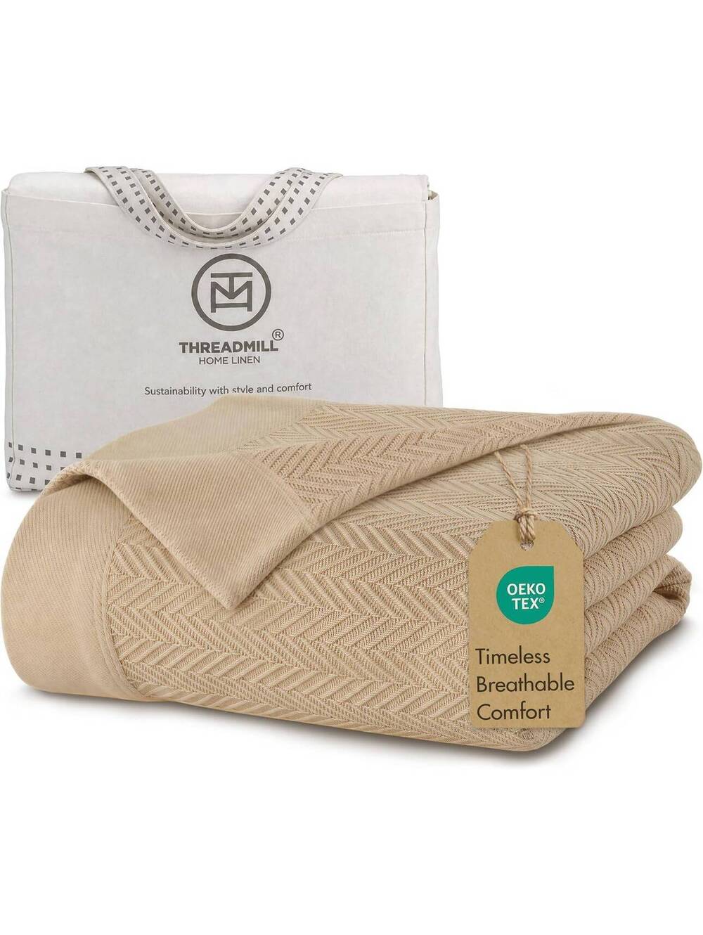 Threadmill Luxury 100% Cotton Twin Herringbone Blanket, Beige, 68 x 92